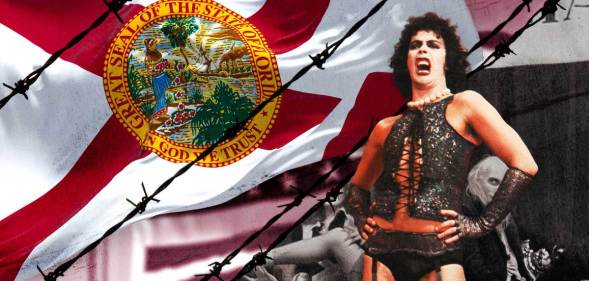 A photoshopped image of Tim Curry in the Rocky Horror Picture Show and the Florida flag.