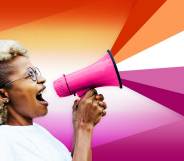 Woman holding a megaphone, out of which the colours of the lesbian flag flow