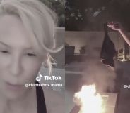 A split image of the TikTok user Chatterbox Mama burning her bras.