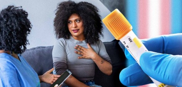 An edited image of two women chatting and a vial of blood for HIV testing.