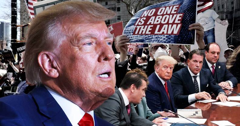 Collage of Donald Trump with a sign reading no one is above the law