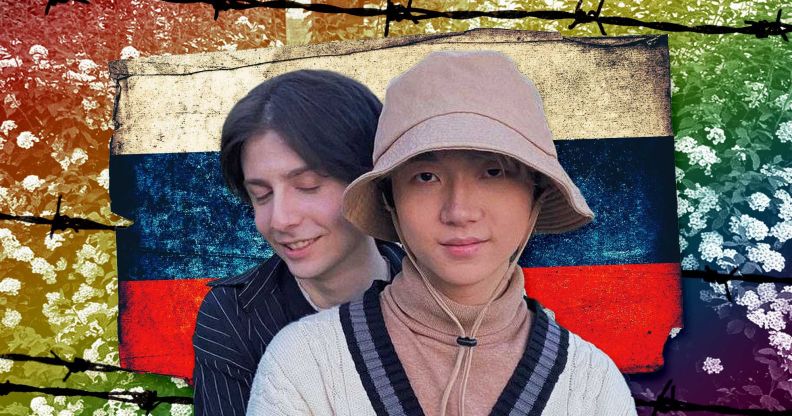 LGBTQ+ couple Gela Gogishvili and Haoyang Xu hold each other in a graphic with a rainbow LGBTQ+ Pride flag, barbed wire and the flag of Russia in the background