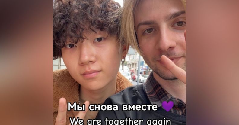 Haoyang Xu and Gela Gogishvili pose side-by-side after Haoyang was detained by authorities in Russia for allegedly violating the country's 'LGBTQ+ propaganda' ban