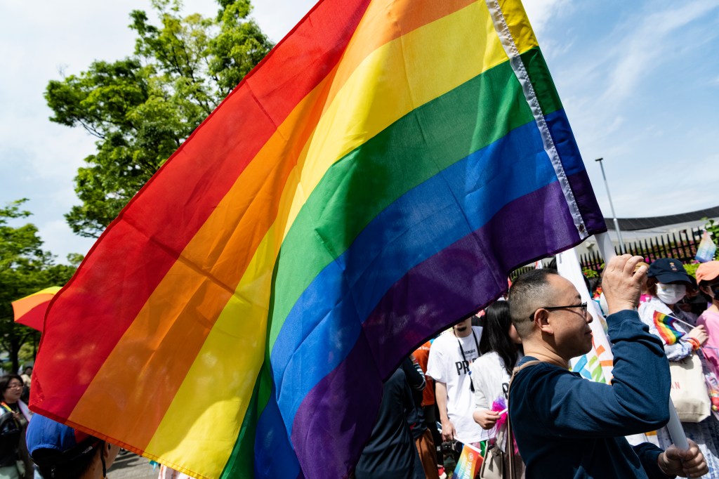 A person holds up a rainbow LGBTQ+ pride flag during a march in Tokyo, Japan