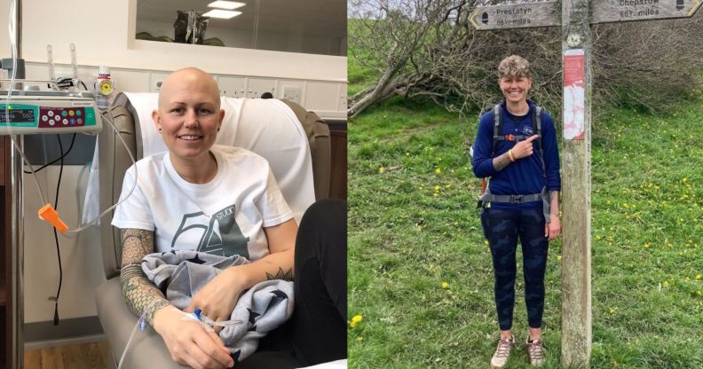 Marie pictured on the left receiving chemotherapy in hospital. On the right, she is pictured standing by a sign on a walk outdoors.