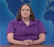 Saturday Night Live (SNL) cast member Molly Kearney wears a purple jumpsuit as they appear on the "Weekend Update" segment to talk about trans rights amid legislative efforts to ban access to gender-affirming healthcare for trans kids