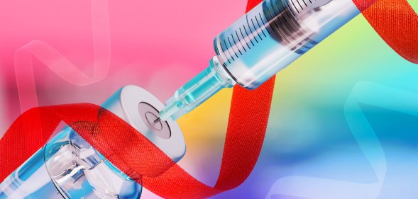 An image shows a syringe taking a vaccine out of a vial against an edited pink background with a red AIDS ribbon decorated over the front.