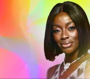 TV presenter AJ Odudu against a rainbow coloured background.