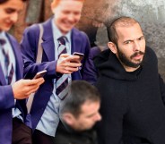 Collage of school boys looking at phones and Andrew Tate