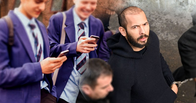 Collage of school boys looking at phones and Andrew Tate