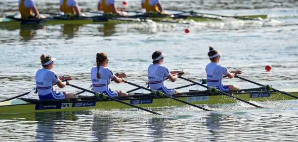 (L-R) Jessica Marie Leyden and Lola Anderson and Georgina Megan Brayshaw and Lucy Glover all of Great Britain compete in Womens Quadruple Sculls Final A during 2022 World Rowing Championships. (Adam Nurkiewicz/Getty Images)