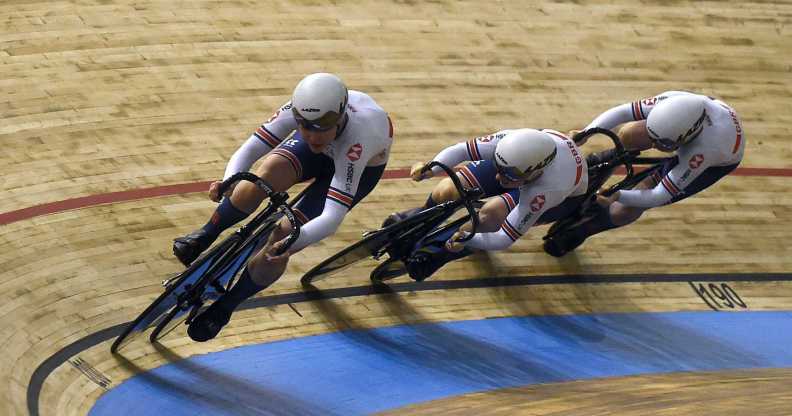 Great Britain team's members Lauren Bate, Blaine Ridge-Davis and Millicent Tanner compete in the women's Team Sprint qualifying during the UCI Track Cycling World Championships at Jean-Stablinski velodrome in Roubaix, northern France