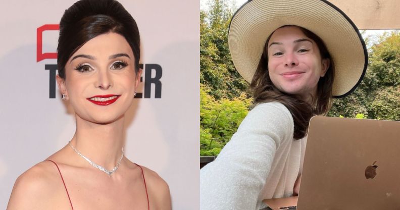 Two photos of trans TikTok star Dylan Mulvaney. In the photo on the left she wears her hair in an updo and a red dress, in the photo on the right she is in a beige sunhat and white top.