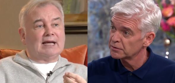 On the right, a still of Eamonn Holmes from his latest GB news interview. On the right, a still of Phillip Schofield during his coming out interview.