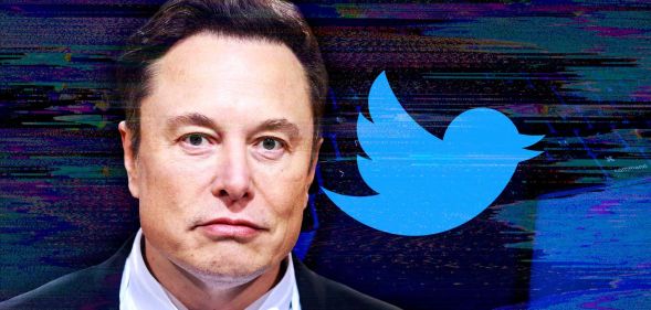 Elon Musk with his hand on his face next to the Twitter bird logo