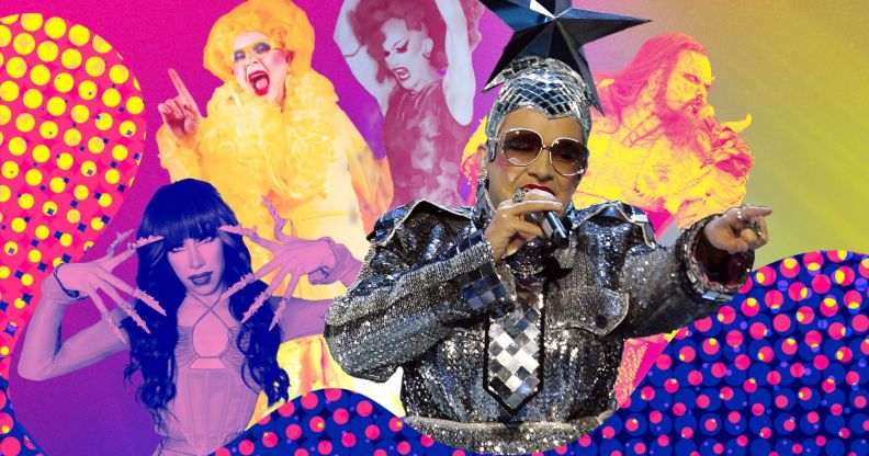 Eurovision and drag icons Verka Serduchka, Ginny Lemon, Maxxy Rainbow, Sasha Velour and Lordi against a colourful backgrounds.