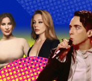 Ukranian singers Natisa Gogol, Tina Karol, and Mélovin against a blue and yellow background.