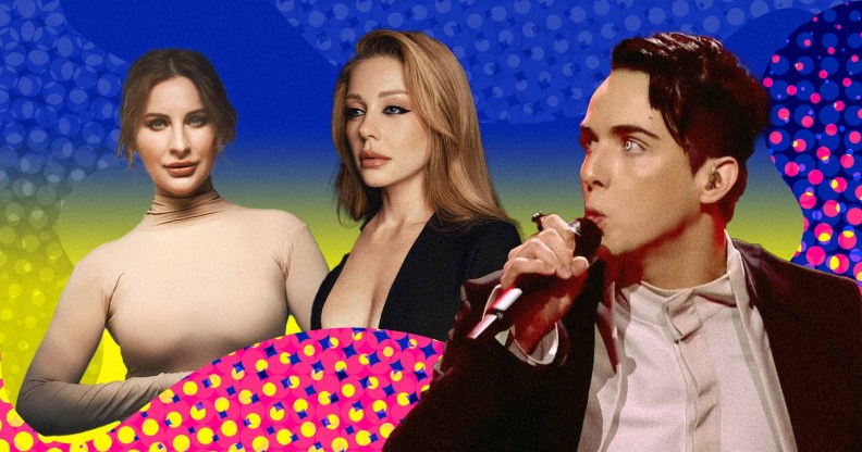 Ukranian singers Natisa Gogol, Tina Karol, and Mélovin against a blue and yellow background.