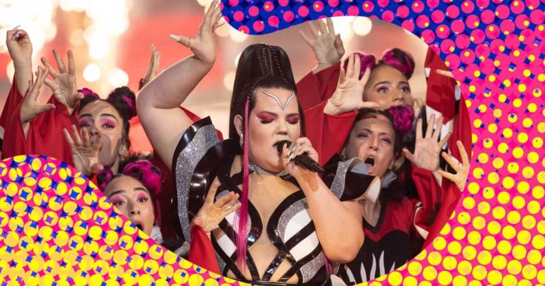 Netta performs her song Toy with backing dancers, against a colourful background.