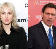 On the left, Paramore singer Hayley Williams in a black top against a white and black background. On the right, presidential hopeful Ron DeSantis.