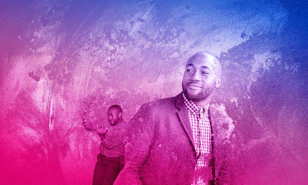 A composite image of poet Astone Jackson set over the colours of the bisexual Pride flag, blue and pink