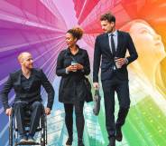 Three corporate workers in a line, with rainbow Pride LGBTQ colours in the background