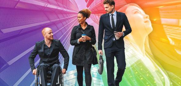 Three corporate workers in a line, with rainbow Pride LGBTQ colours in the background