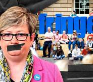 An edited image of Joanna Cherry with tape on her mouth.