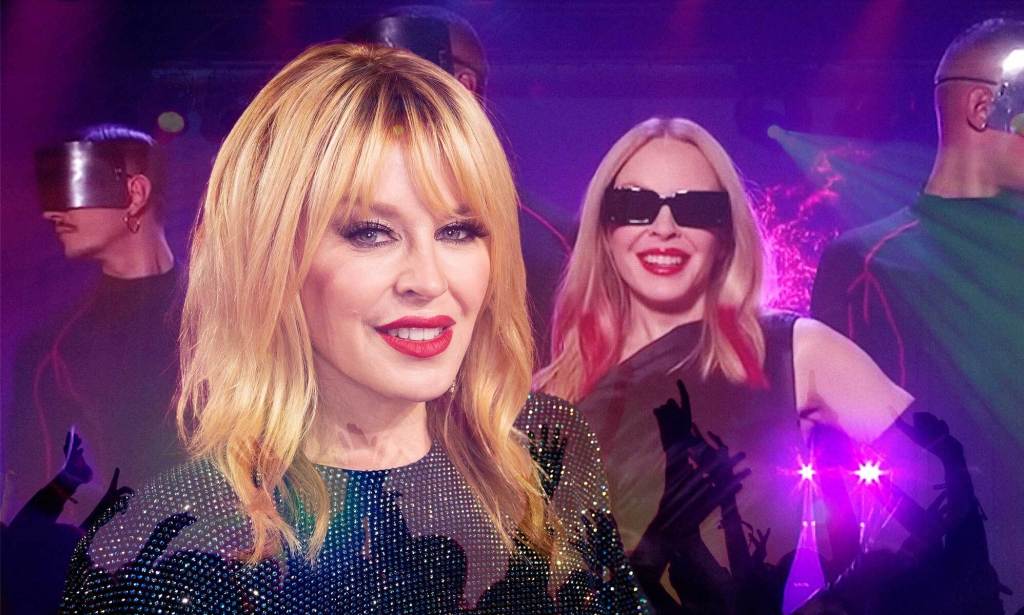 An image featuring Kylie Minogue smiling at the camera and Kylie Minogue performing her new single Padam Padam.