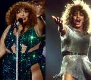 Lizzo performs a Tina Turner tribute while dressed in a green gown. On the left, Tina Turner performs.