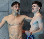 Tom Daley and Matty Lee of Team Great Britain look celebrate after their final dive during the Men's Synchronised 10m Platform Final on day three of the Tokyo 2020 Olympic Games at Tokyo Aquatics Centre on July 26, 2021 in Tokyo, Japan. Matty Lee has since joined OnlyFans