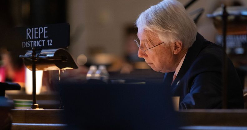 Senator Merv Riepe at his desk in the Nebraska House