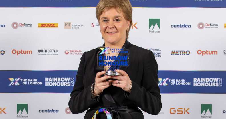 LONDON, ENGLAND - MAY 17: Former First Minister of Scotland Nicola Sturgeon poses in the winners room with the Celebrity Ally Award during the Rainbow Honours 2023 at the National History Museum on May 17, 2023 in London, England. (Photo by Shane Anthony Sinclair/Getty Images)