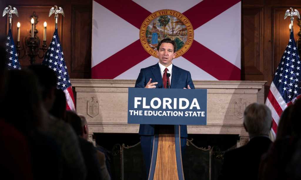 SARASOTA, FL - MAY 15: Florida Governor Ron DeSantis speaks after signing three education bills on the campus of New College of Florida in Sarasota, Fla. on Monday, May 15, 2023. (Photo by Thomas Simonetti for The Washington Post via Getty Images)