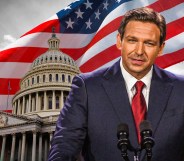 A graphic of Republican Florida governor Ron DeSantis wearing a suite and tie as he stands in front of a capitol building, the US flag as he launches his presidential campaign