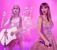 A purple image made up of drag queen Taylor Sheesh performing, next to Taylor Swift performing during her Eras Tour.