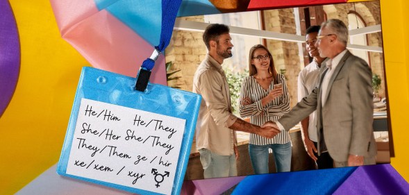 This is a collage image showing a group of people shaking hands. On the left side, there is a graphic of a name tag with 'he/they' pronouns written in script font.