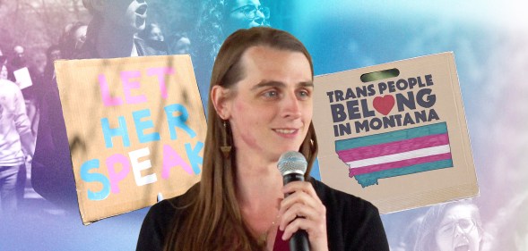 Zooey Zephyr edited into a split image of trans activists holding signs in support of her.