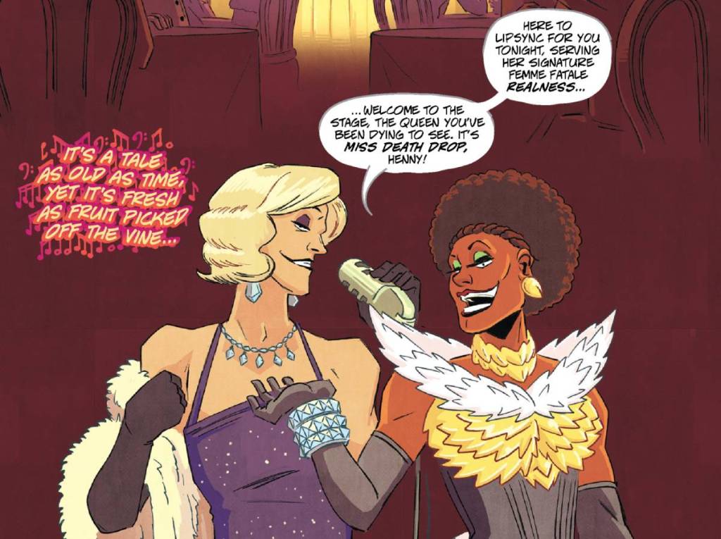 A screen shot of a strip from the comic book Death Drop: Drag Assassin showing two drag queens preparing to lipsync for a crowd