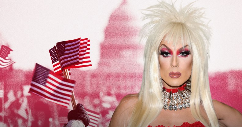 A graphic composed of an image of Drag Race icon Alaska Thunderf**k, people holding American flags