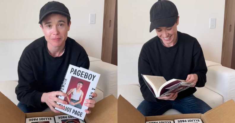 Elliot Page with a box of books, his memoir Pageboy