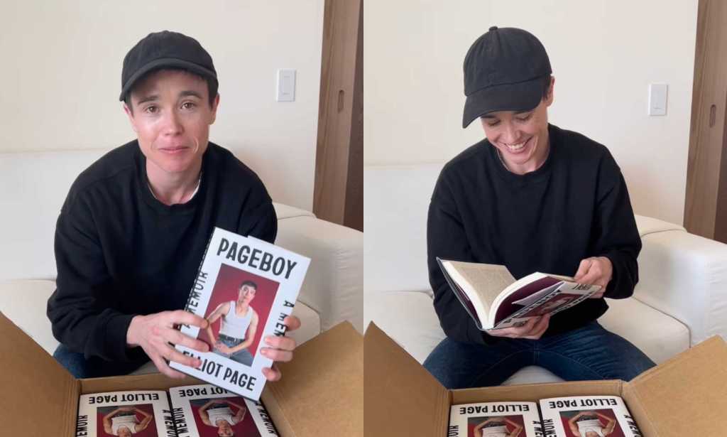 Elliot Page with a box of books, his memoir Pageboy