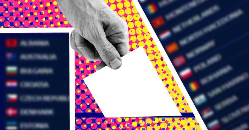 A 2022 voting scandal at the Eurovision Song Contest has damaged trust and reinforced stereotypes that it's all political. Here a graphic shows somebody putting a piece of paper into a voting box with colourful graphics.