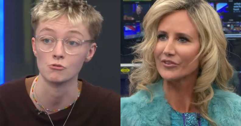 Two photos showing Riz Posnett, a white trans person with short blonde hair and glasses, and Lady Victoria Hervey, a white woman with long, curled blonde hair