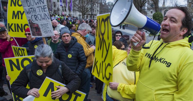 Republic CEO Graham Smith wears a yellow top with the words 'Not my king' on it in protest of King Charles coronation and the monarchy