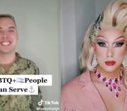 Side by side images of Yeoman 2nd Class Joshua Kelley in a US Navy uniform and Kelley's drag queen persona Harpy Daniels in a pink outfit