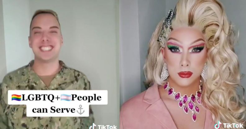 Side by side images of Yeoman 2nd Class Joshua Kelley in a US Navy uniform and Kelley's drag queen persona Harpy Daniels in a pink outfit