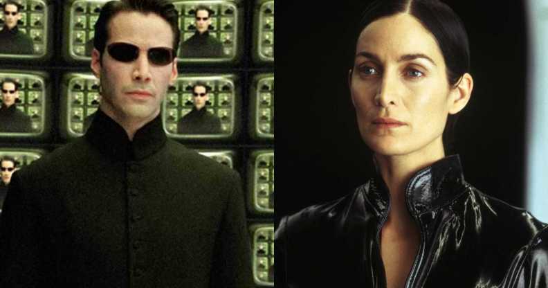 Neo, a white man wearing a black coat and sunglasses, standing in front of screens showing his image. Next to this is a picture of Trinity, a white woman with black hair, wearing a black leather jacket