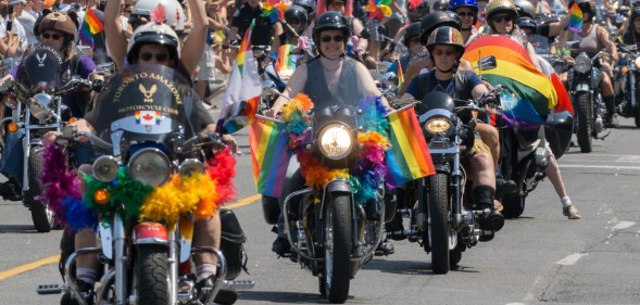 Female bikers in a Pride march in Ontario, Canada