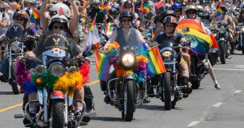 Female bikers in a Pride march in Ontario, Canada